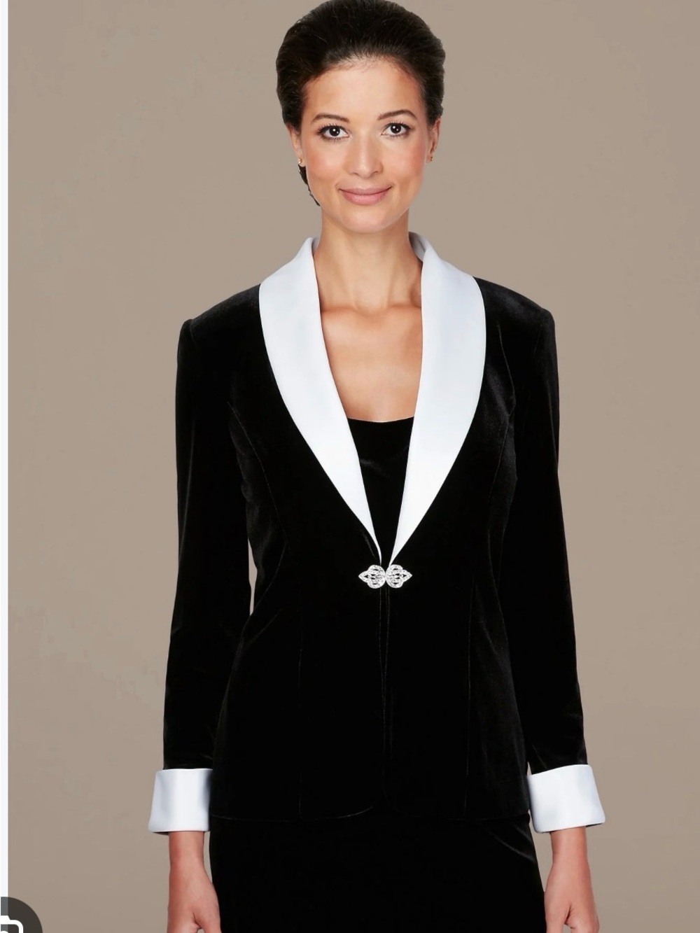 NWOT Alex Evenings Black Velvet Twinset, White Satin Lapel, Cuffs, Jewel Clasp